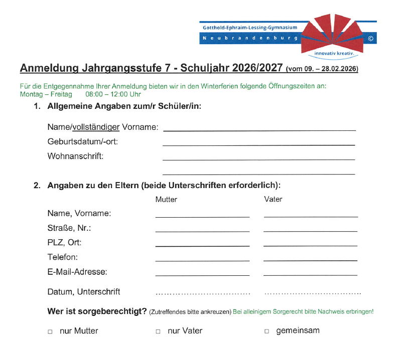 anmeldung klasse7 2026